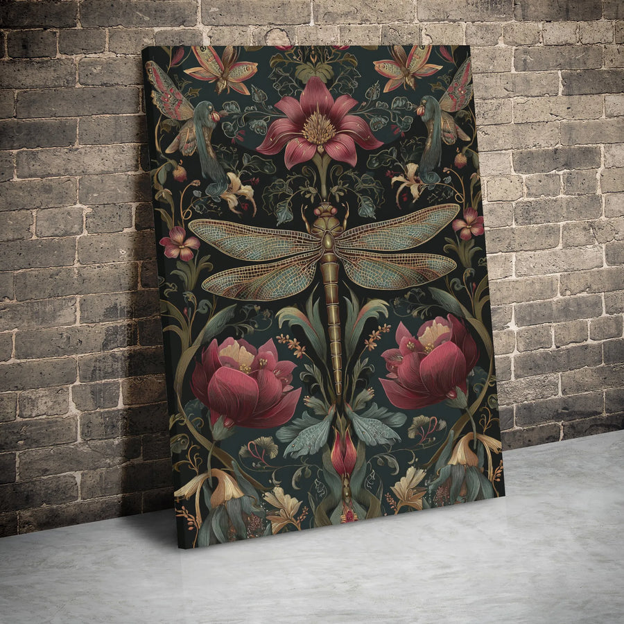 Dragonfly Canvas Wall Art | Art Nouveau Floral Botanical Pattern | Premium Gallery Wrap Print | Elegant Home Office Decor Gift