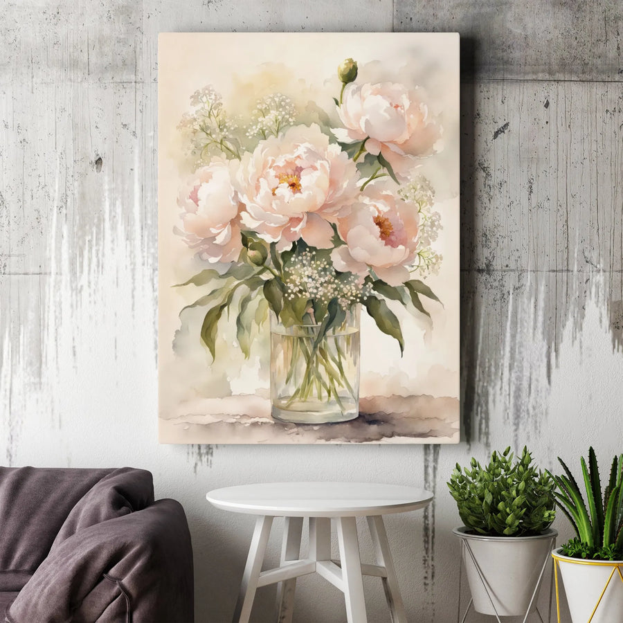 Pink Peony Watercolor Wall Art | Floral Botanical Painting in Vase | Gallery Quality Canvas Print | Elegant Home Decor for Living Room Gift
