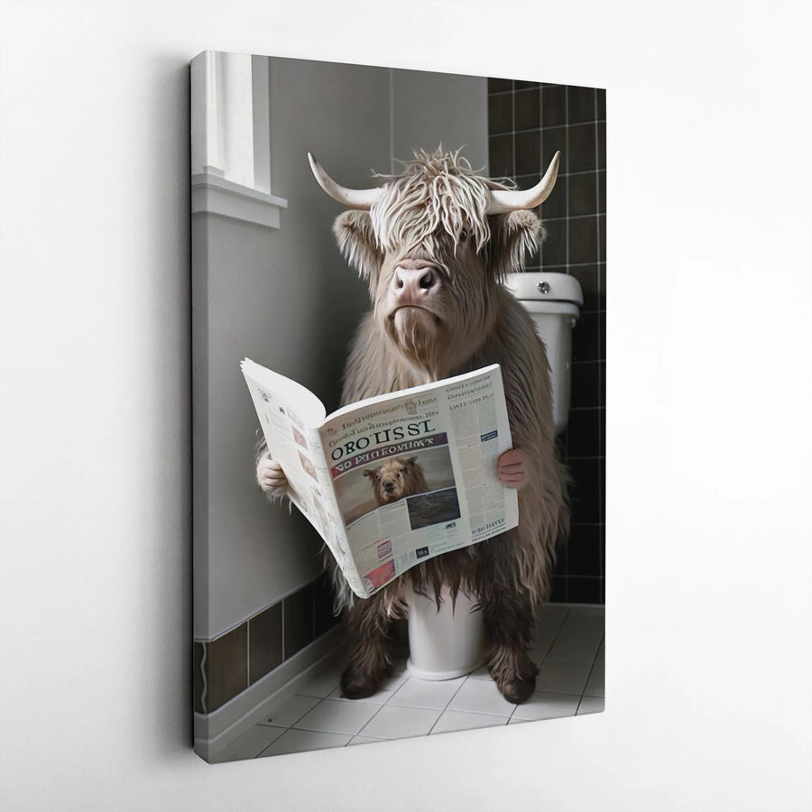 Highland Cow Bathroom Wall Art | Funny Reading Newspaper Design | Premium Gallery Canvas | Quirky Farmhouse Home Decor Gift
