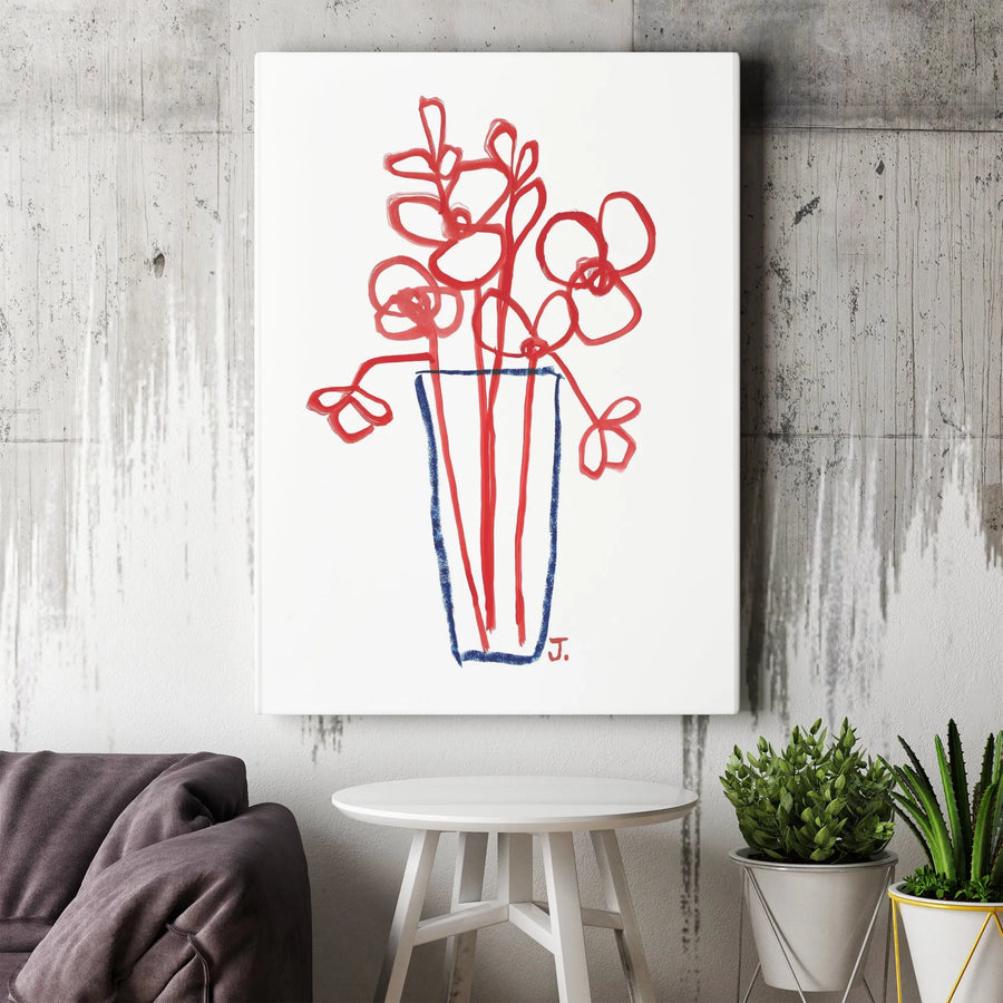 Abstract Floral Vertical Canvas | Minimalist Red and Blue Flower Line Art | Premium Thick Gallery Wrap Print | Modern Home Decor Gift