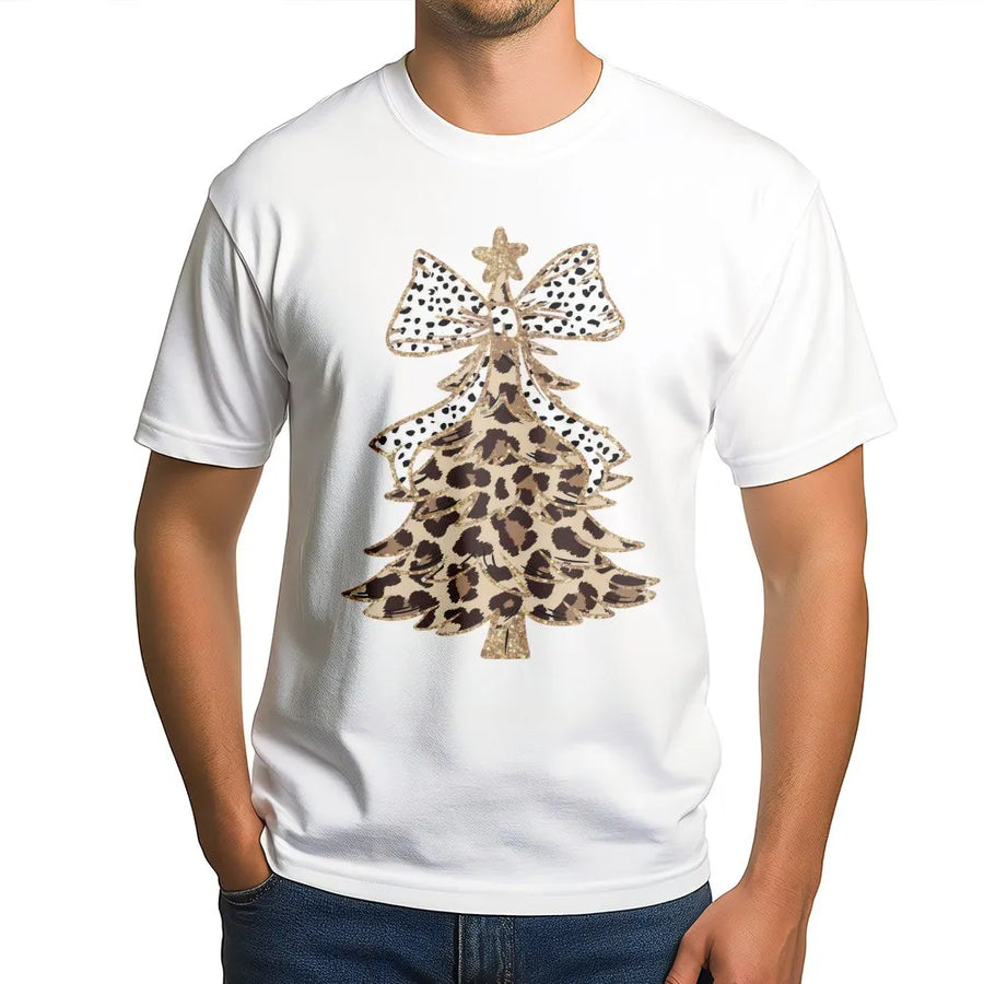 Leopard Print Christmas Tree T-Shirt | Festive Polka Dot Bow Graphic | Soft Cotton Holiday Apparel | Cute Women's Winter Gift
