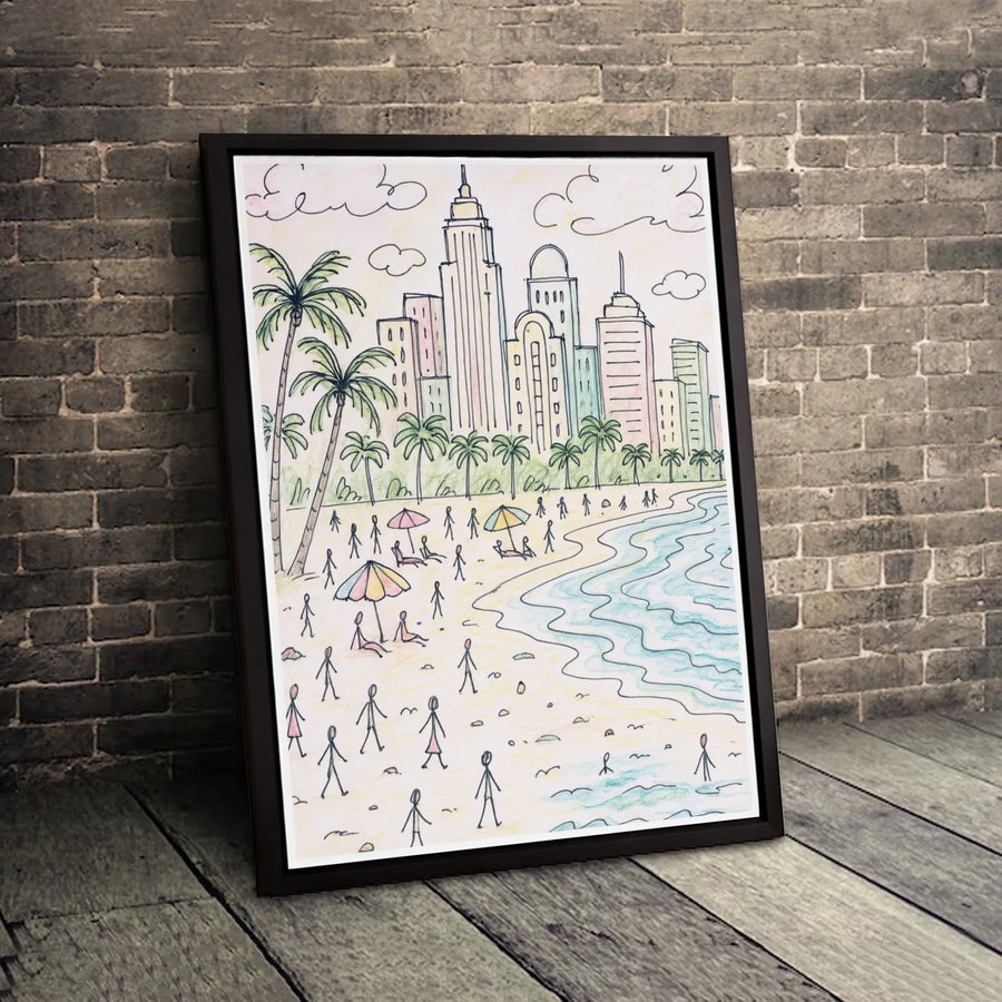 Beach City Skyline Canvas Print | Whimsical Sketch Illustration | Gallery Quality Wall Art | Coastal Decor Gift for Home or Office