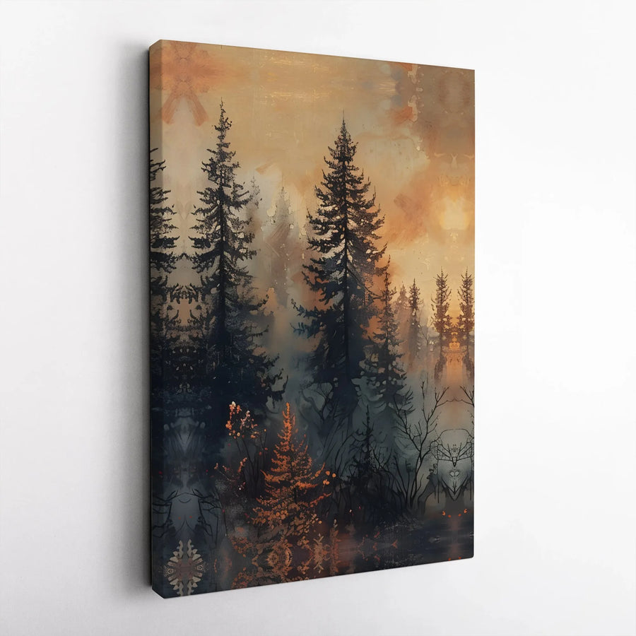Misty Pine Forest Wall Art | Moody Sunset Landscape Canvas Print | Premium Gallery-Wrapped Decor | Nature Lover Living Room Gift