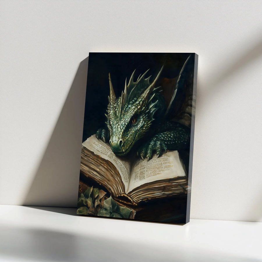 Green Dragon Reading Book Canvas Wall Art | Whimsical Fantasy Creature Decor | Gallery Wrapped Premium Quality | Gift for Fantasy Readers & Nerds