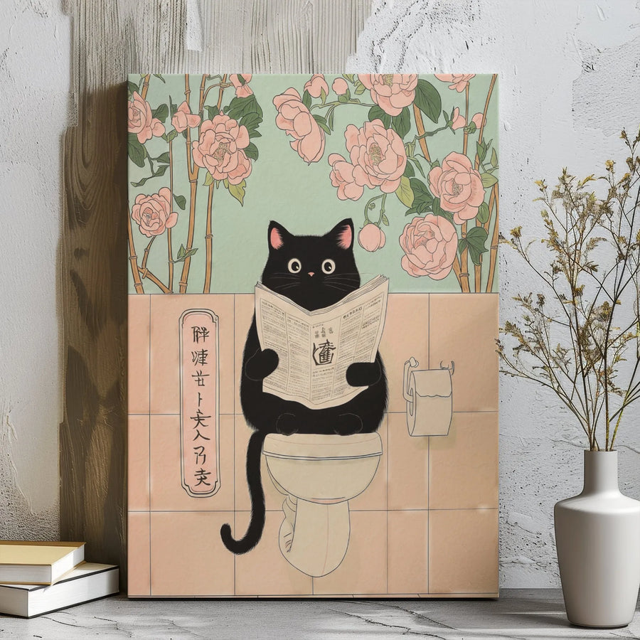 Funny Black Cat Wall Art | Japanese Ukiyo-e Style Reading on Toilet | Premium Gallery Wrap Canvas | Quirky Bathroom Decor Gift for Cat Lovers