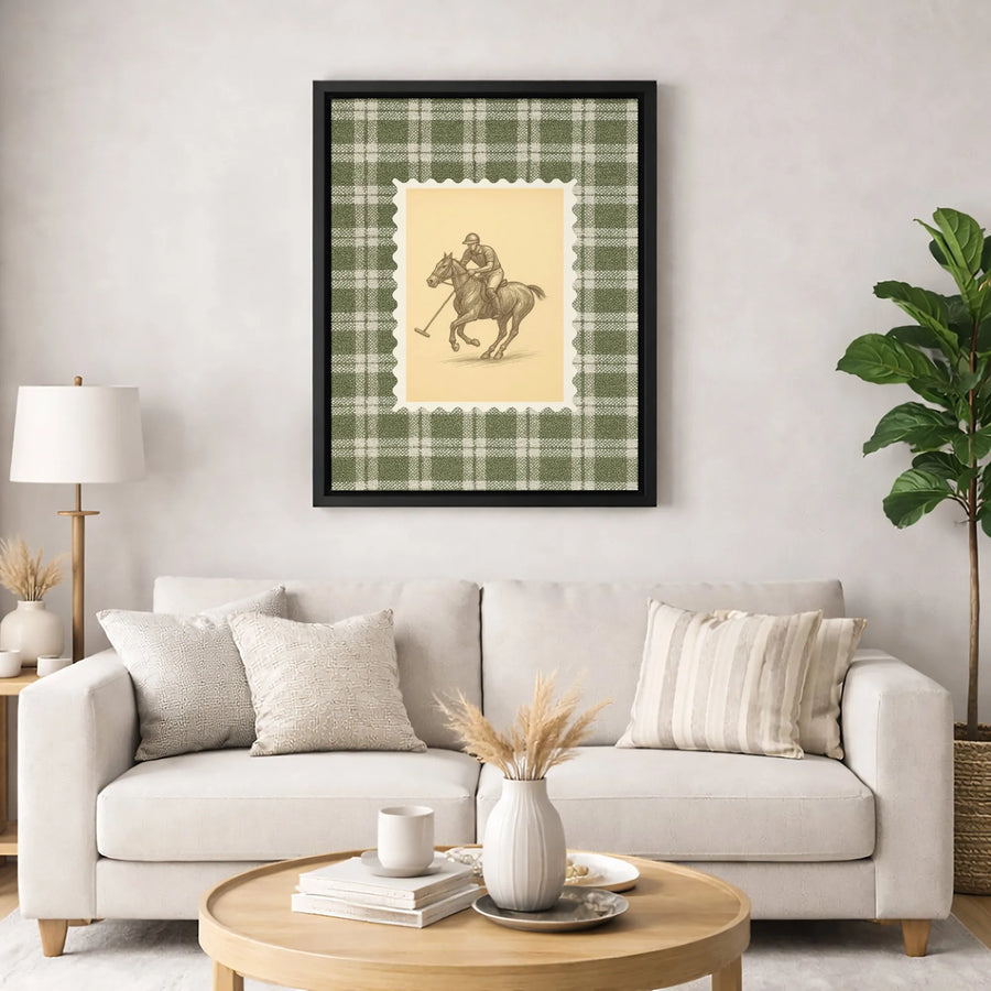 Equestrian Polo Player Canvas Wall Art | Vintage Sketch On Green Plaid | Premium Gallery-Wrapped Print | Classic Sport Gift For Home Decor