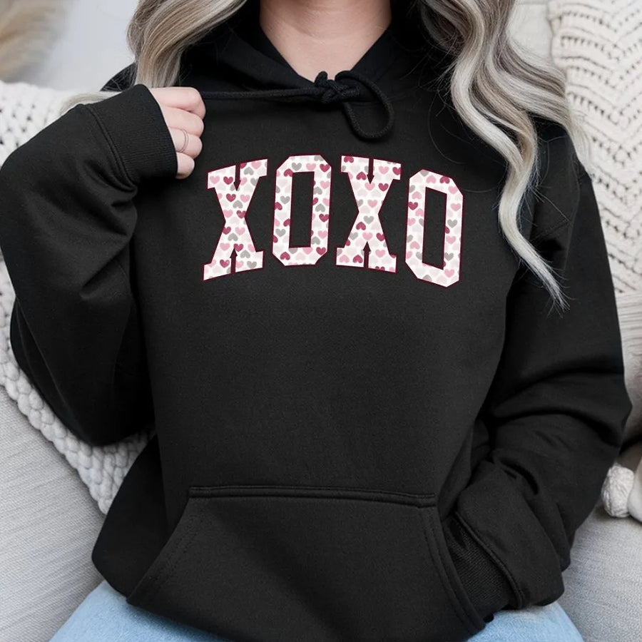 XOXO Valentine Hoodie | Varsity Letter Heart Print | Premium Cotton-Blend Sweatshirt | Cute Matching Couple Gift for Her