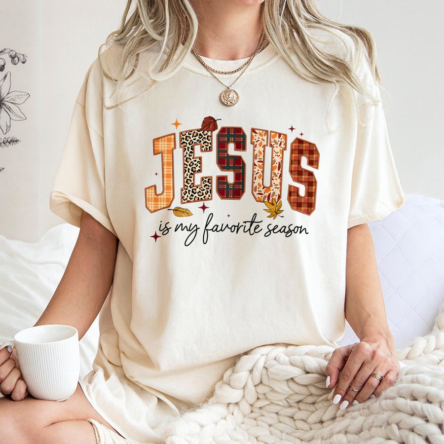 Jesus Is My Favorite Season T-Shirt | Fall Plaid Leopard Print Graphic | Premium Soft Cotton | Christian Thanksgiving Faith Gift for Women