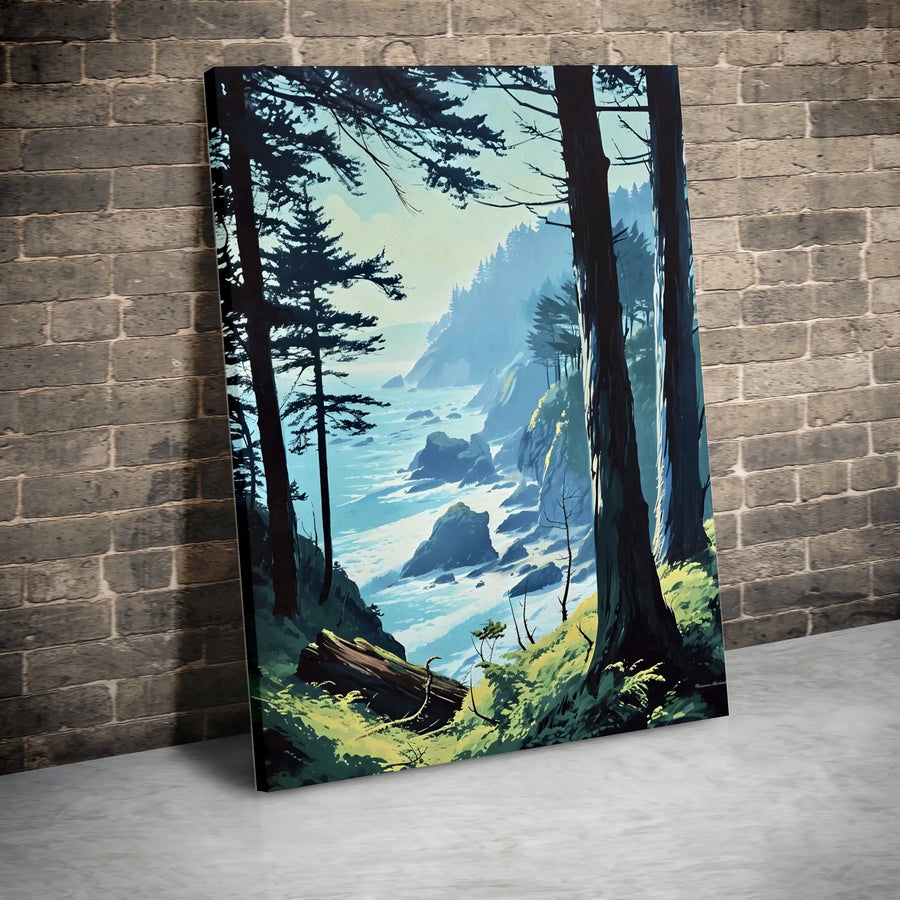 Pacific Northwest Coastal Canvas Wall Art | Moody Forest & Ocean View | Premium 1.25-Inch Gallery Wrap | Nature-Inspired Home Decor Gift