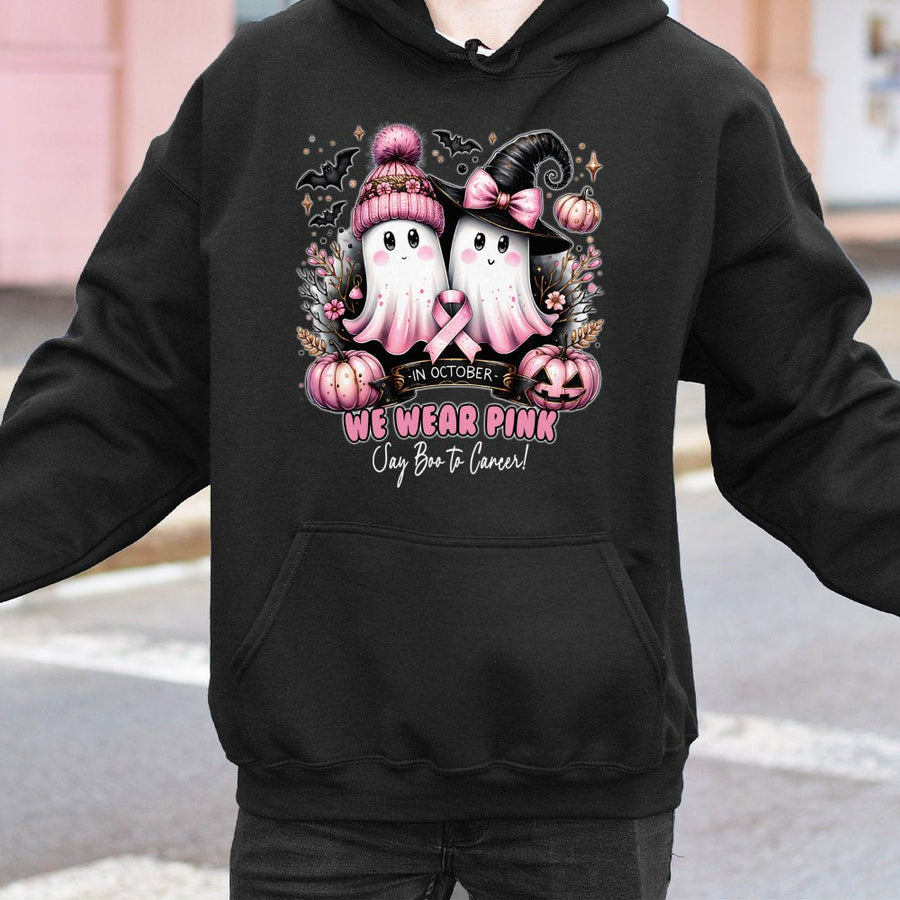 In October We Wear Pink Hoodie | Ghost Pumpkin Halloween Breast Cancer Awareness Design | Soft Cotton-Polyester Blend | Gift For Cancer Fighters Survivors