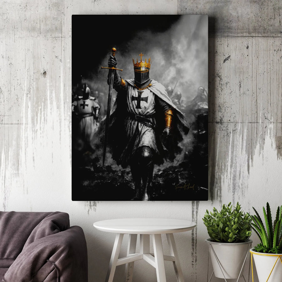 Knights Templar Wall Art | Crusader King with Crown and Sword | Premium Gallery Wrap Canvas | Medieval History Gift for Home Decor