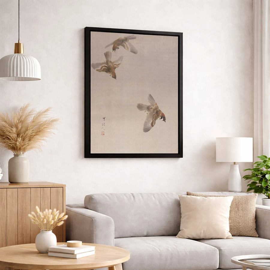 Japanese Sparrow Wall Art | Minimalist Bird Nature Print | Premium Gallery Canvas | Zen Home Office Decor Gift