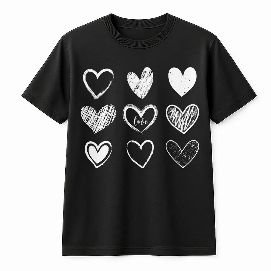 Heart Print Graphic T-Shirt | Distressed Sketch Valentine Design | 100% Soft Cotton Tee | Cute Gift for Her Couples Women Girls