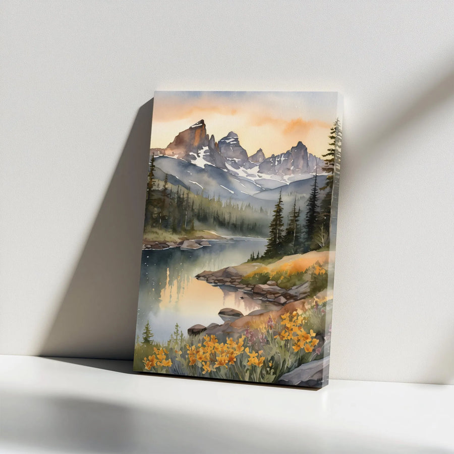 Mountain Landscape Canvas Wall Art | Watercolor Lake & Wildflowers Print | 1.25-Inch Gallery Wrap | Premium Nature Decor for Home or Office Gift