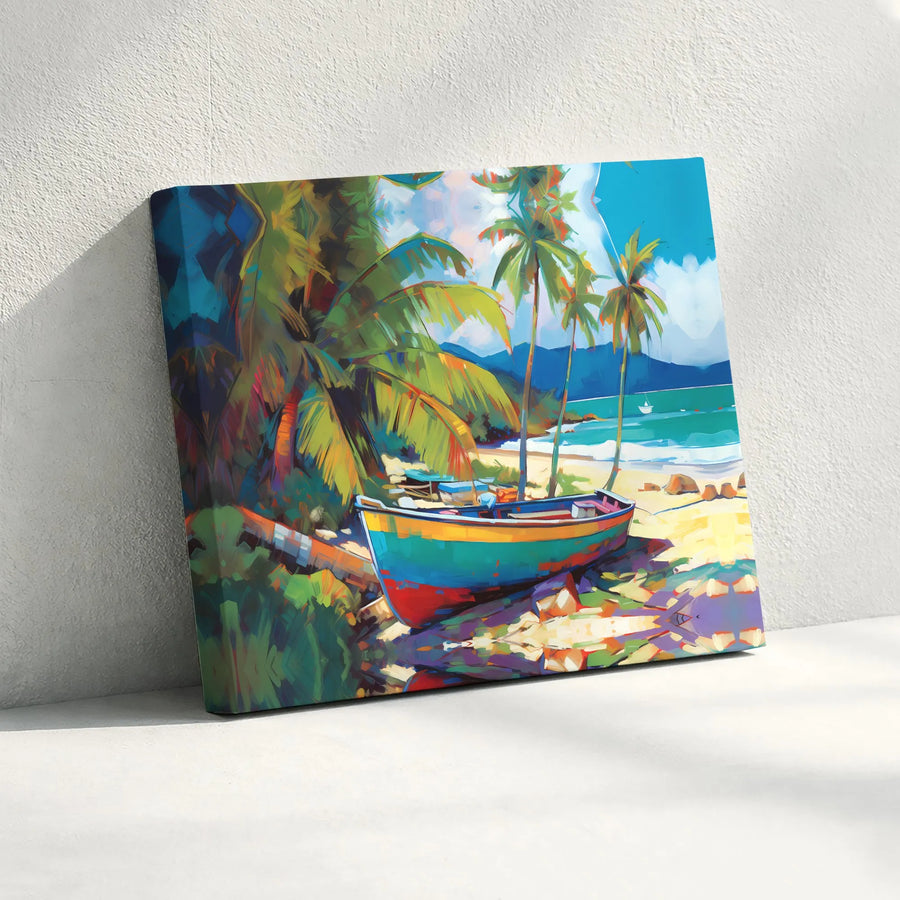 Tropical Beach Canvas Art | Colorful Fishing Boat & Palm Tree Seascape | Premium Stretched Canvas Print | Coastal Living Room Decor Gift