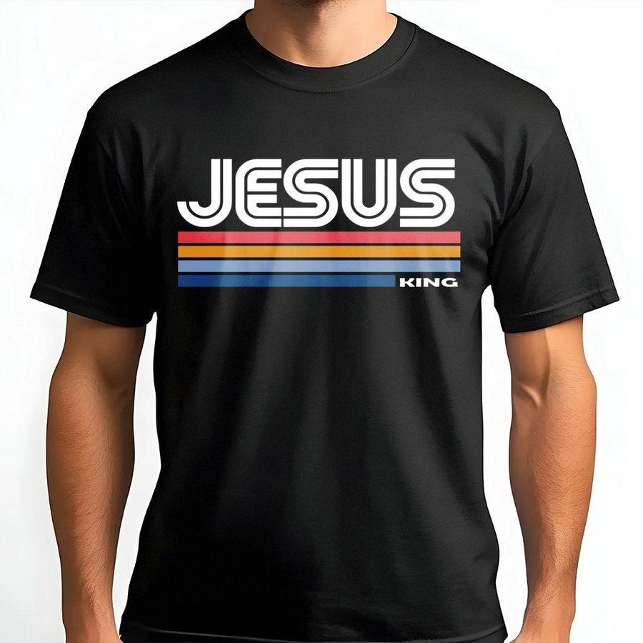 Jesus King T-Shirt | Retro 70s Striped Vintage Design | 100% Premium Cotton Tee | Christian Faith Apparel Gift for Men and Women