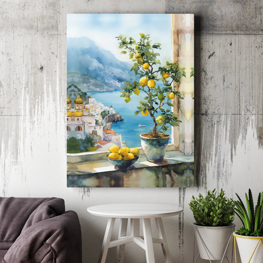 Amalfi Coast Canvas Wall Art | Watercolor Italian Coastal View with Lemon Tree | Premium Gallery Wrapped Print | Mediterranean Kitchen Decor Gift