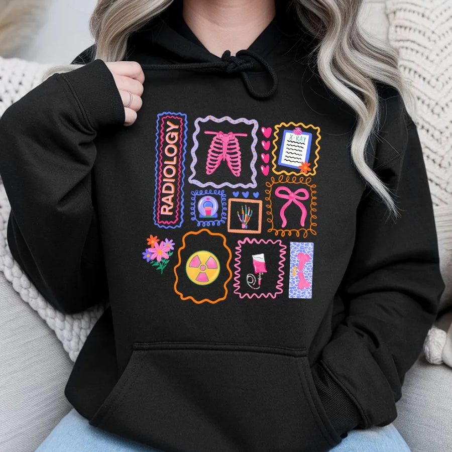 Radiology Tech Hoodie | Cute Medical Icons Graphic Sweatshirt | Premium Cotton Blend | Gift for Rad Tech, Xray Technician Appreciation