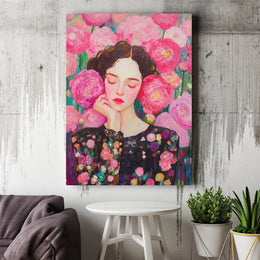 Floral Woman Portrait Canvas | Impressionist Pink Peony Art | 1.25-Inch Gallery Wrap Print | Elegant Feminine Home Decor Wall Art