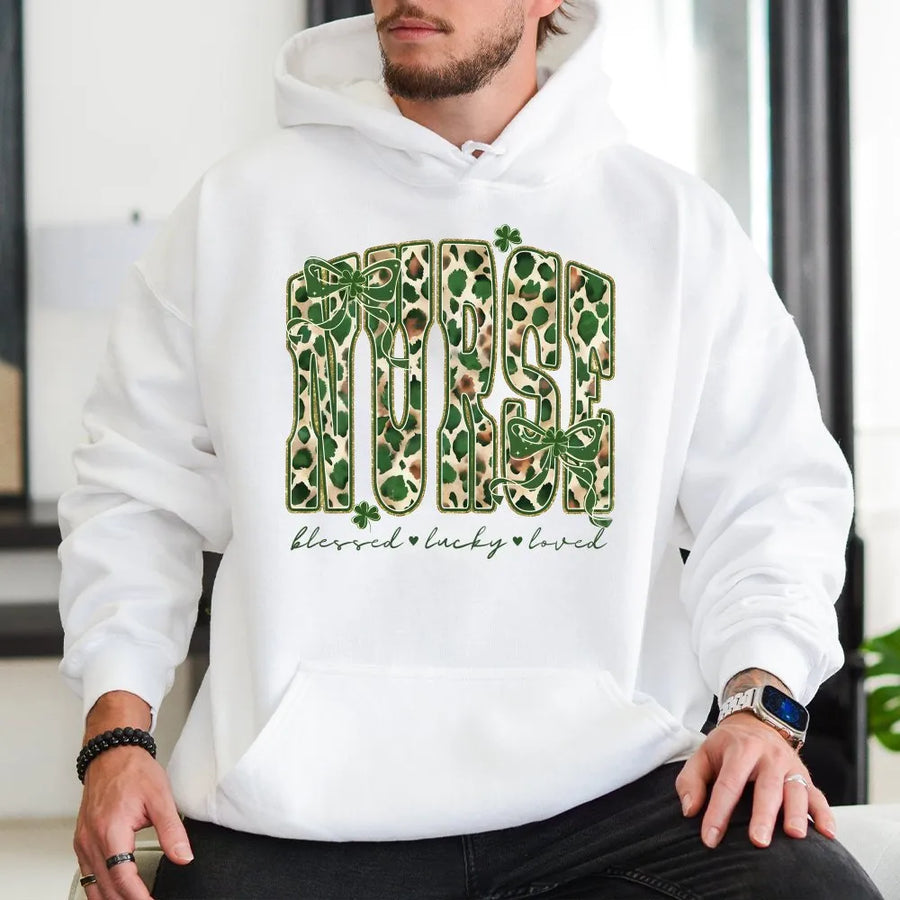 Nurse St Patricks Day Hoodie | Green Leopard Print Bow Graphic | Soft Premium Cotton Blend | Gift For Nursing Student Or RN