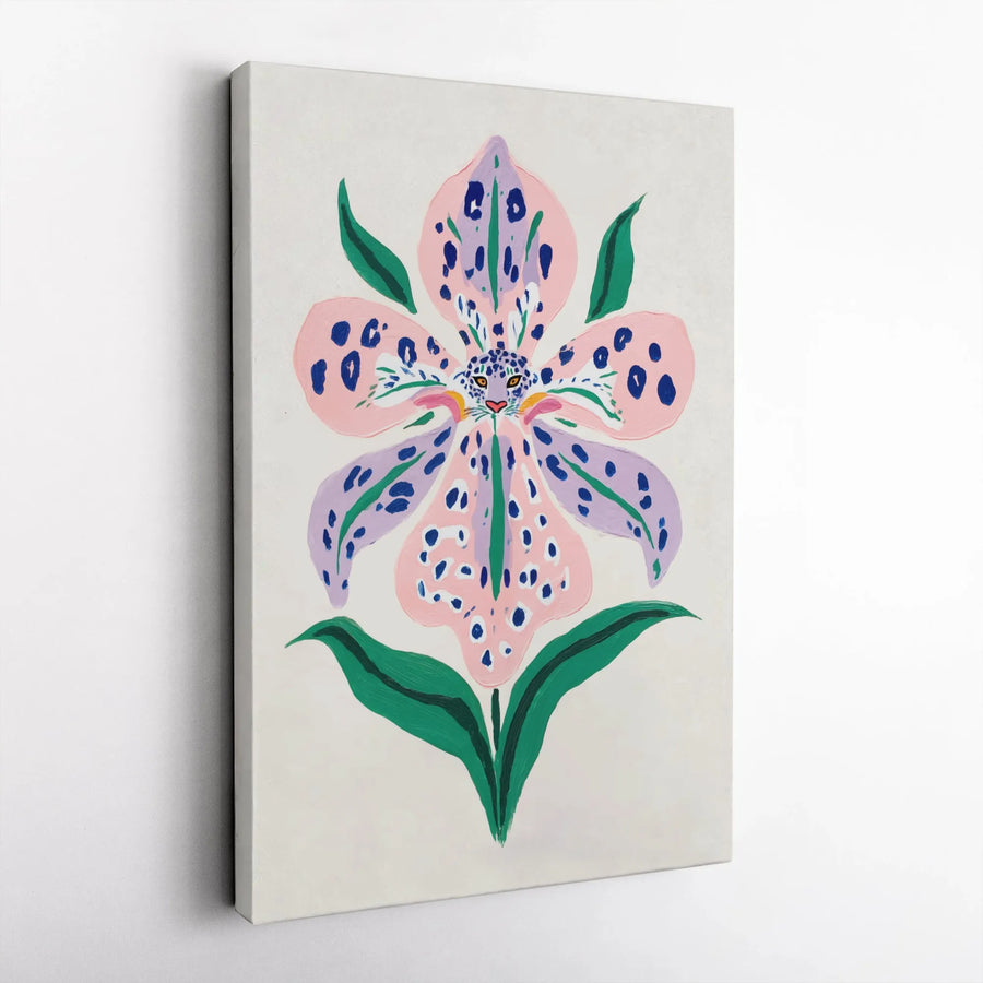 Leopard Print Flower Canvas Art | Stylized Botanical Orchid Wall Decor | Gallery Quality Premium Canvas | Unique Animal Print Home Gift