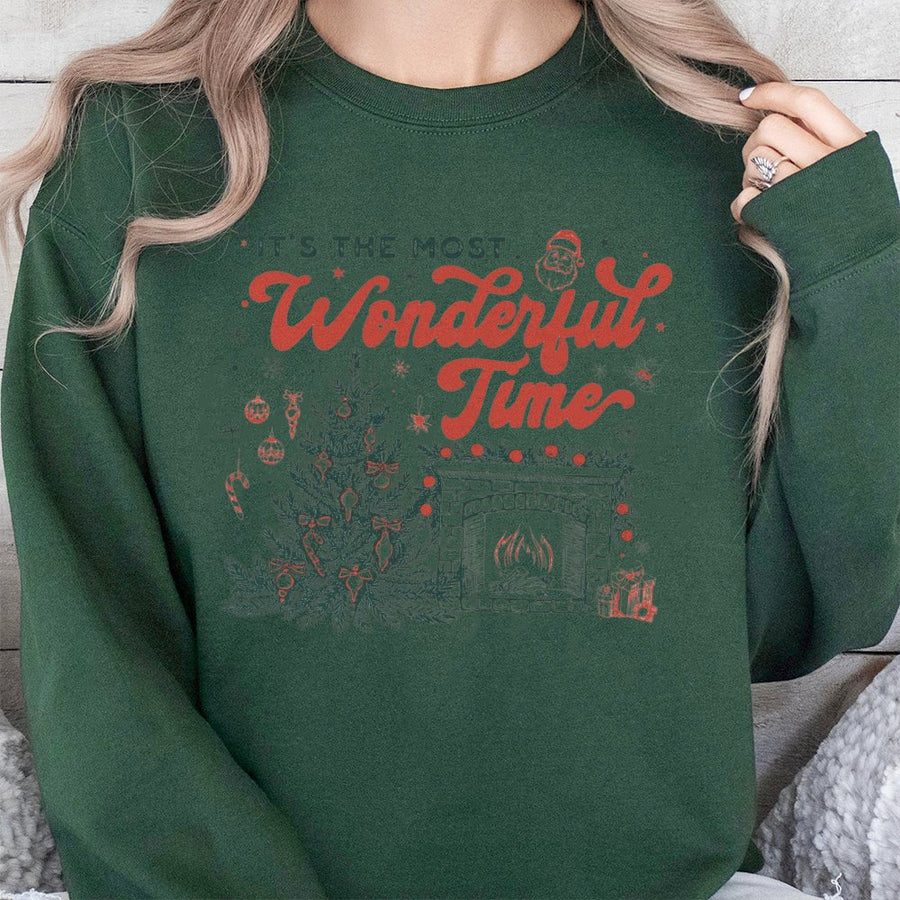 It's The Most Wonderful Time Christmas Sweatshirt | Vintage Holiday Tree & Fireplace Graphic | Premium Cotton Blend | Cozy Festive Gift for Her