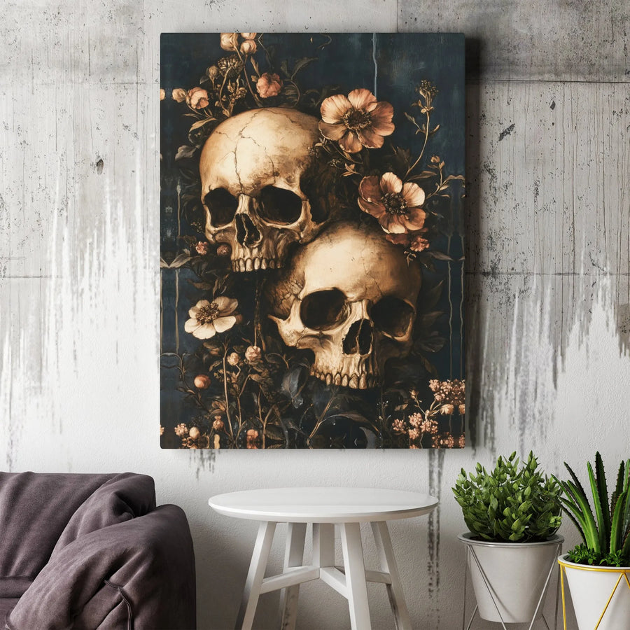 Gothic Skull Canvas Art | Floral Still Life Dark Academia Decor | Premium Fade-Resistant Gallery Wrap | Moody Wall Art for Home Office