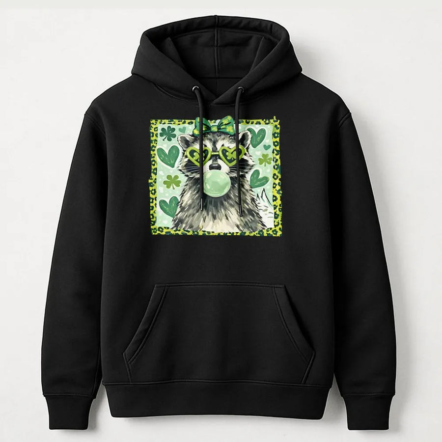 Lucky Raccoon Hoodie | St. Patrick's Day Shamrock Sunglasses Design | Premium Cotton Blend | Cute Irish Animal Gift For Her