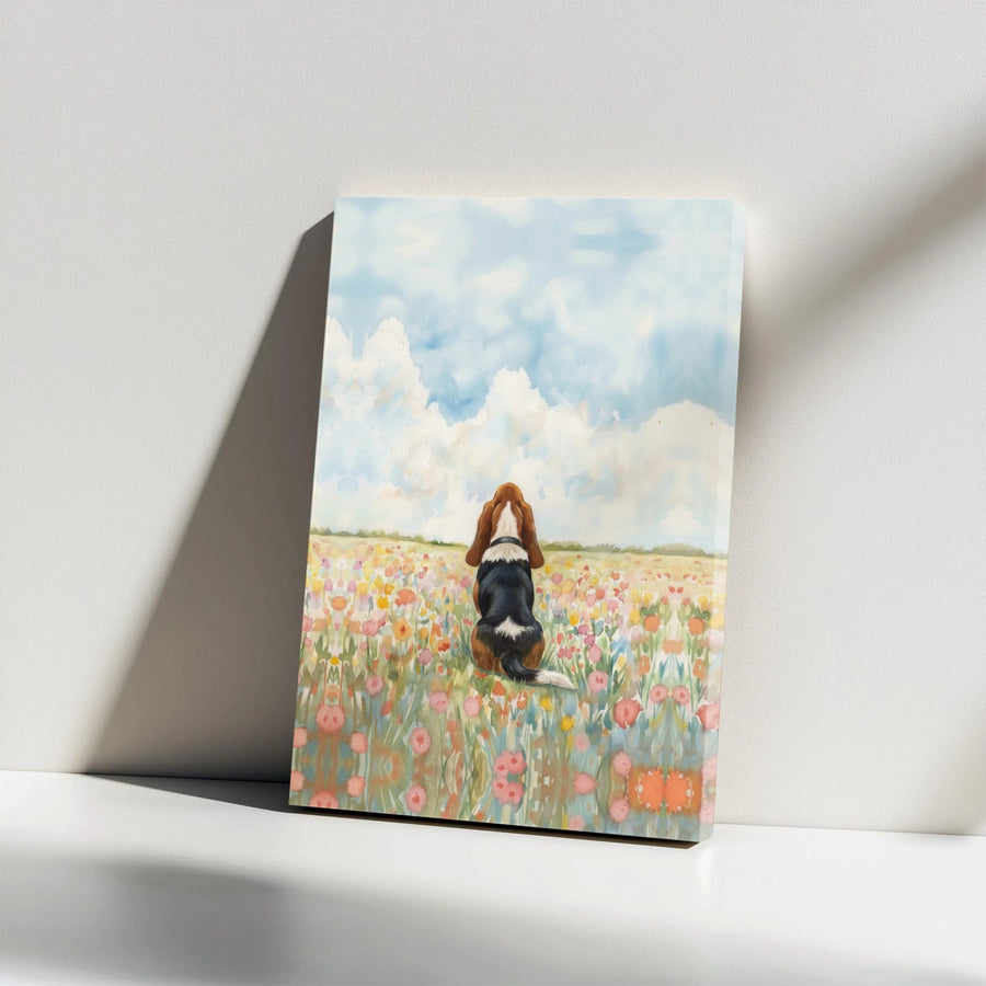 Basset Hound Canvas Wall Art | Watercolor Dog in Wildflower Field Print | Premium Gallery Wrapped Canvas | Gift for Dog Mom & Pet Owners