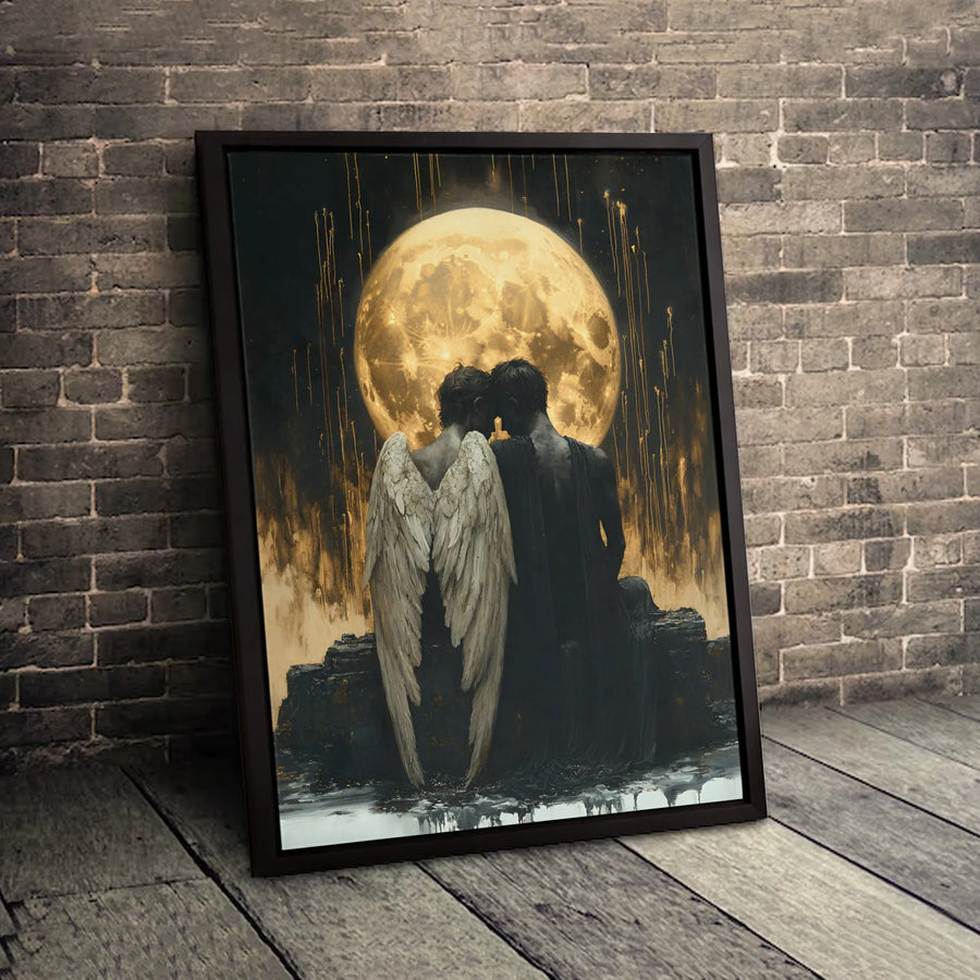 Angel and Demon Lovers Canvas | Romantic Gothic Moon Art Print | 1.25 Inch Premium Gallery Wrap | Dark Fantasy Home Decor Gift