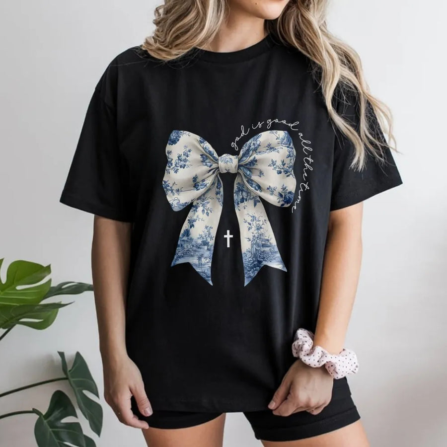 God Is Good All The Time T-Shirt | Toile De Jouy Bow Graphic | Soft Cotton Religious Apparel | Christian Gift For Women Faith Aesthetic