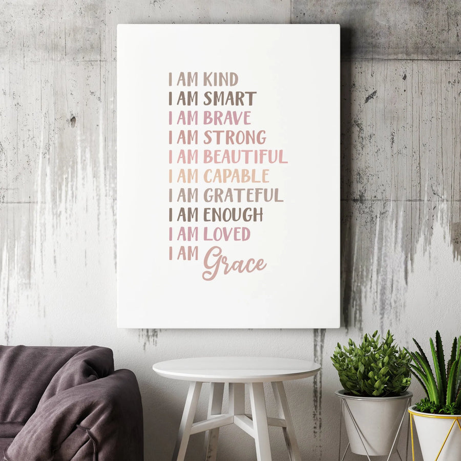 I Am Affirmation Wall Art | Inspirational Quotes Canvas Print | Premium Gallery Wrapped Decor | Motivational Gift for Her or Kids Room
