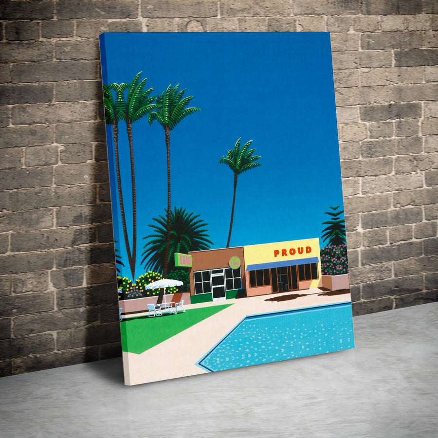 Palm Springs Poolside Canvas Art | Mid-Century Modern Retro Landscape | Premium Gallery Wrapped Decor | Aesthetic Summer Vacation Gift