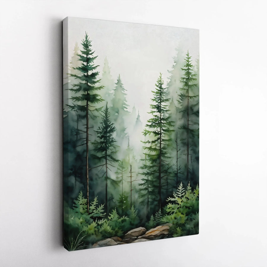 Misty Pine Forest Wall Art | Watercolor Nature Landscape Canvas Print | Premium Gallery Wrap 1.25" Profile | Serene Home Office Decor Gift