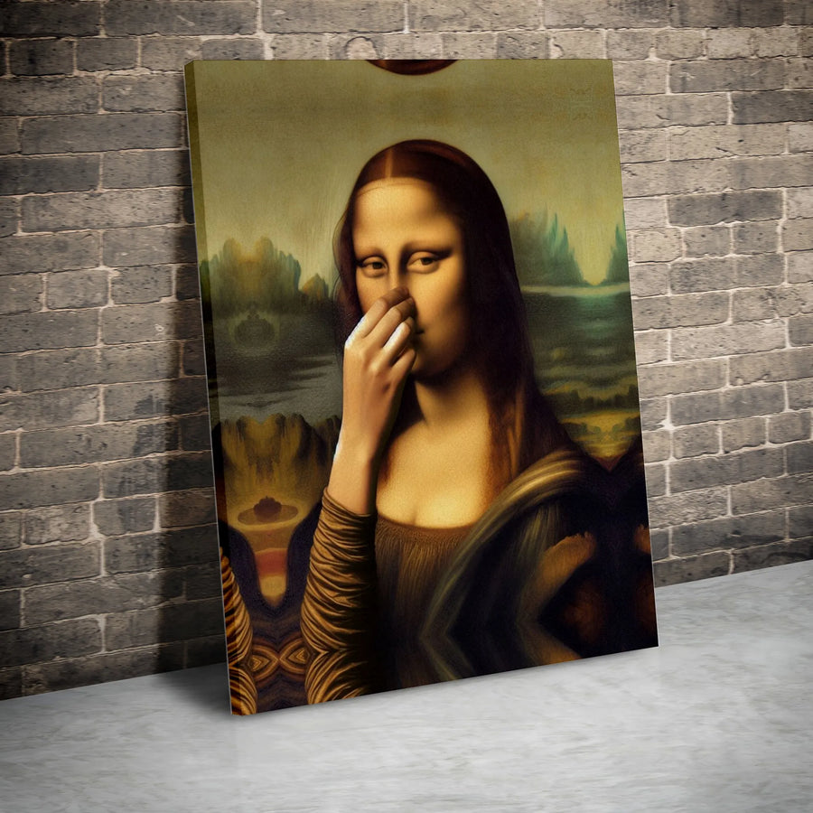 Mona Lisa Parody Canvas Wall Art | Funny Renaissance Painting Holding Nose | Premium Stretched Canvas Print | Unique Gag Gift for Bathroom Decor