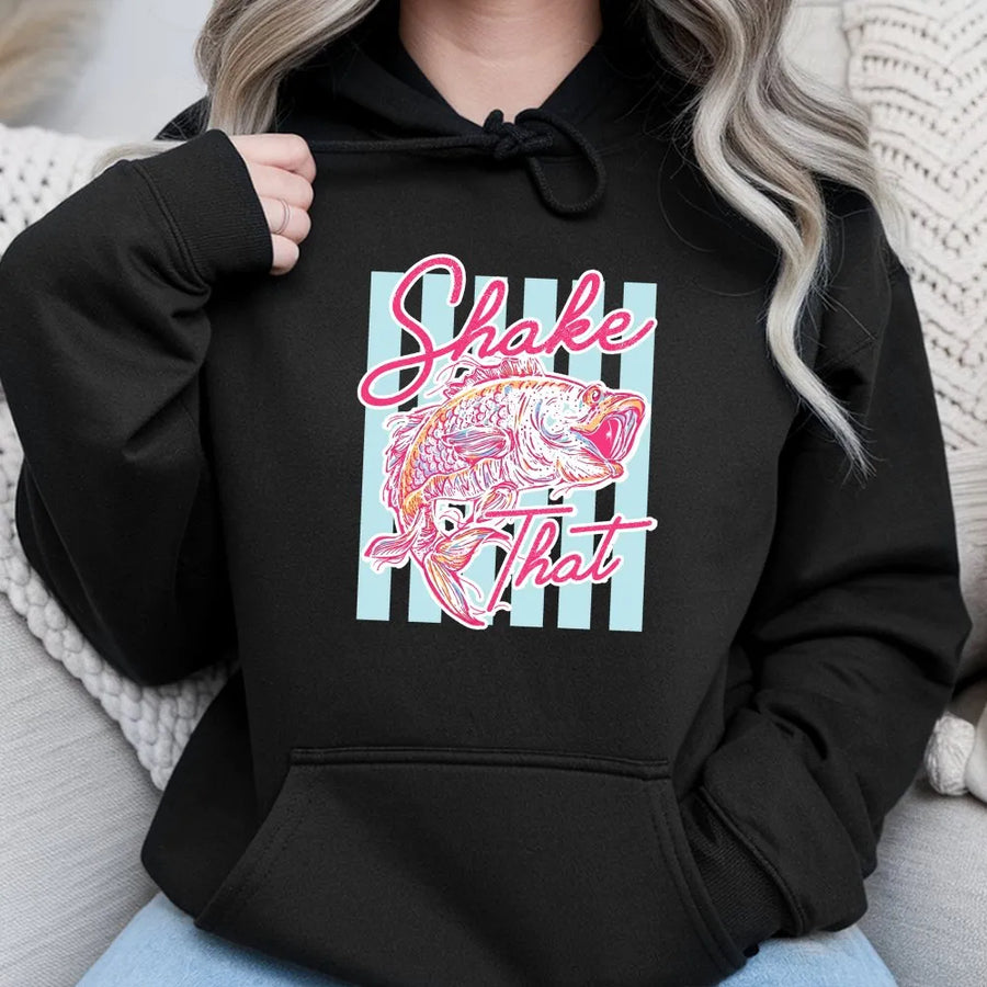 Striped Bass Fishing Hoodie | Funny Retro Shake That Bass Graphic | Premium Soft Crewneck | Unisex Angler Fisherman Gift