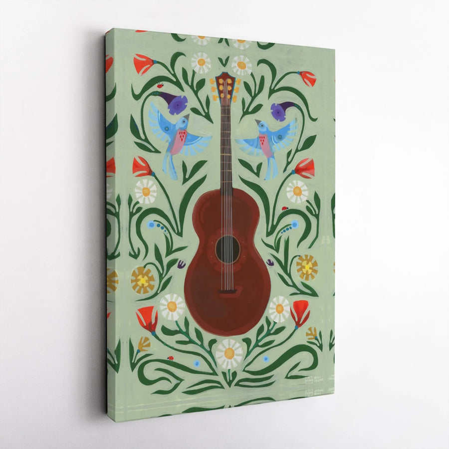 Acoustic Guitar Wall Art | Folk Art Floral Bird Illustration | Premium Gallery Wrapped Canvas | Music Lover Gift Home Decor