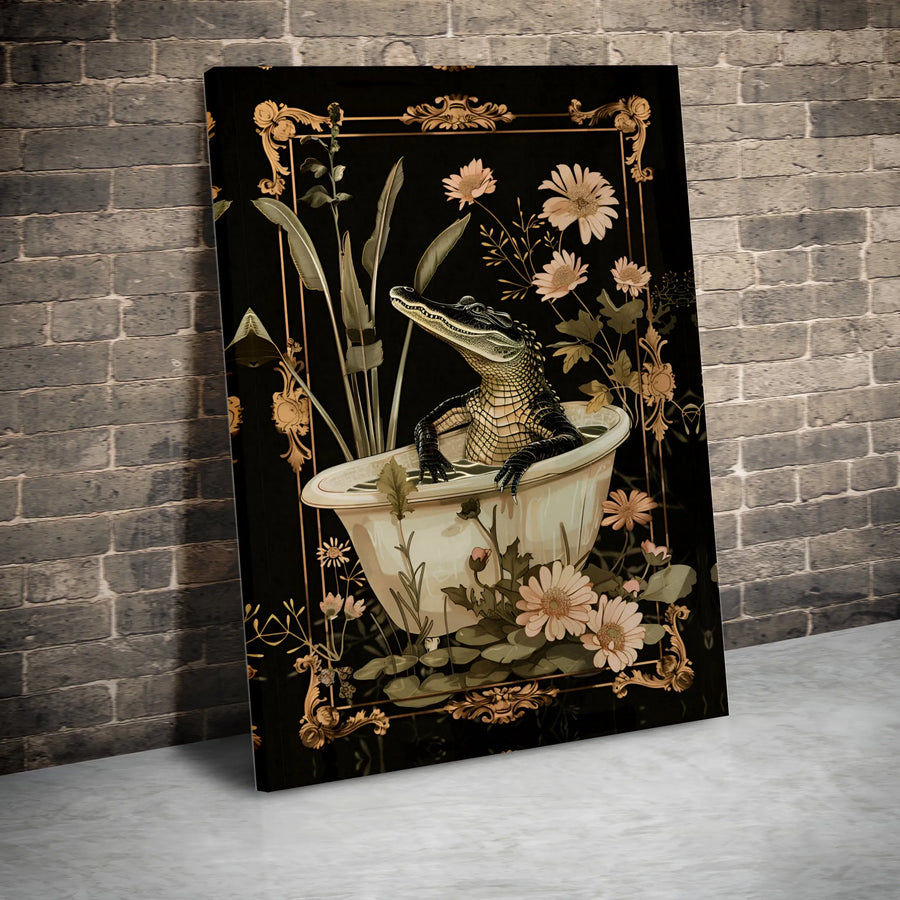 Alligator in Bathtub Canvas Art | Whimsical Floral Bathroom Wall Decor | Premium Fade-Resistant Print | Quirky Animal Portrait Gift