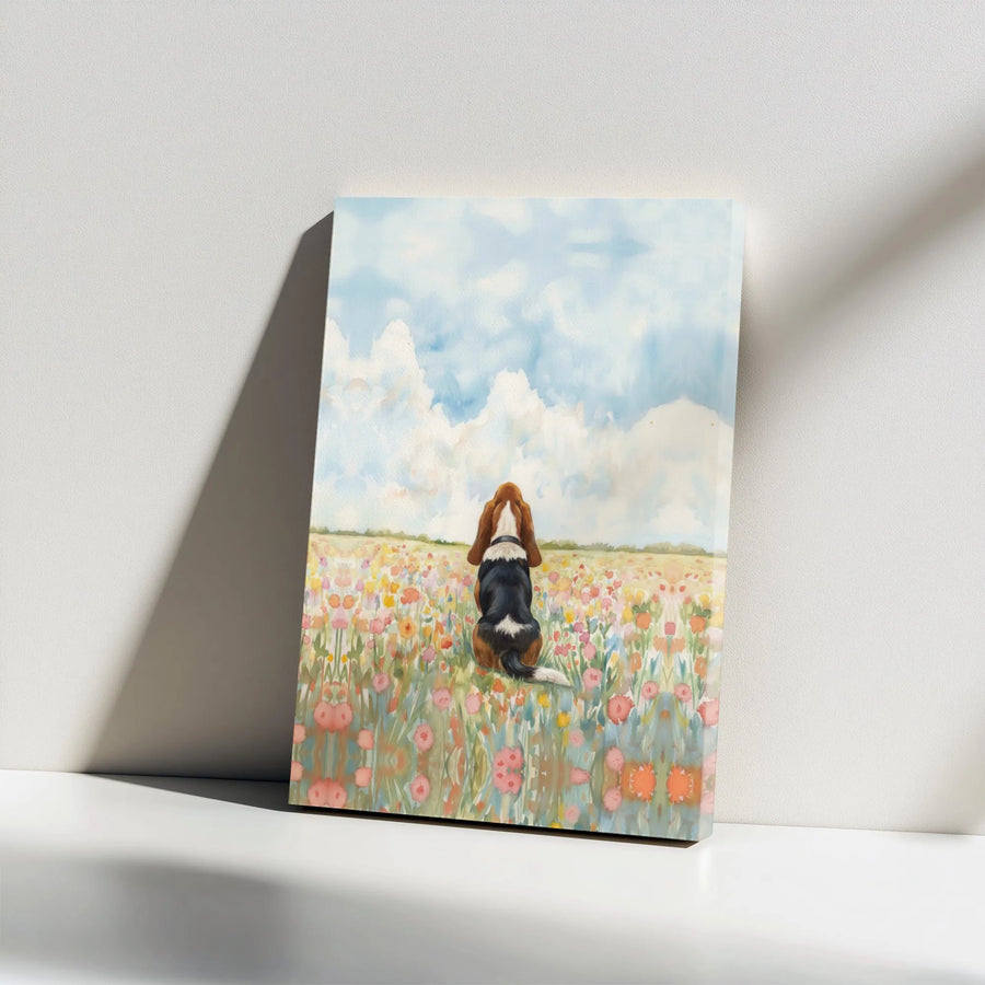 Basset Hound Wall Art | Watercolor Wildflower Meadow Print | Premium 1.25-inch Gallery Wrap Canvas | Dog Lover Home Decor Gift