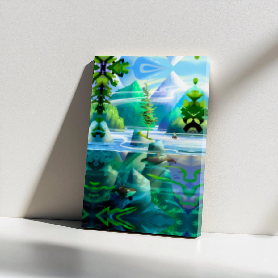 Orca Whale Wall Art | Kaleidoscopic River Landscape Canvas | 1.25” Gallery Wrap Premium Print | Nature-Inspired Home Decor