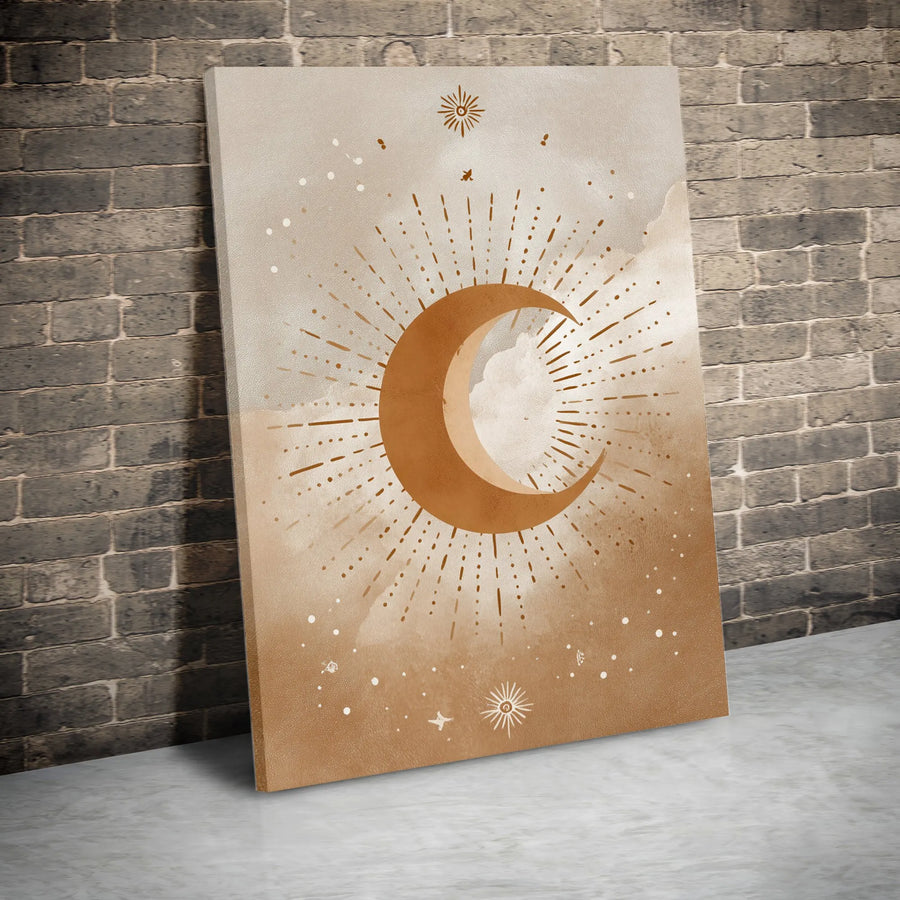 Boho Crescent Moon Canvas Wall Art | Mystical Celestial Print with Stars | Premium Frameless Canvas | Minimalist Bedroom Decor Gift for Her