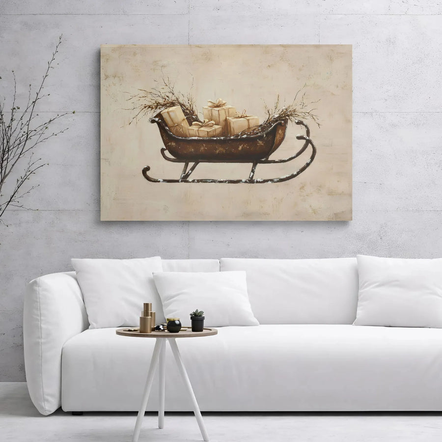 Rustic Christmas Sleigh Wall Art | Vintage Winter Gift Box Canvas Print | Premium Gallery Wrap Decor | Holiday Farmhouse Home Accent