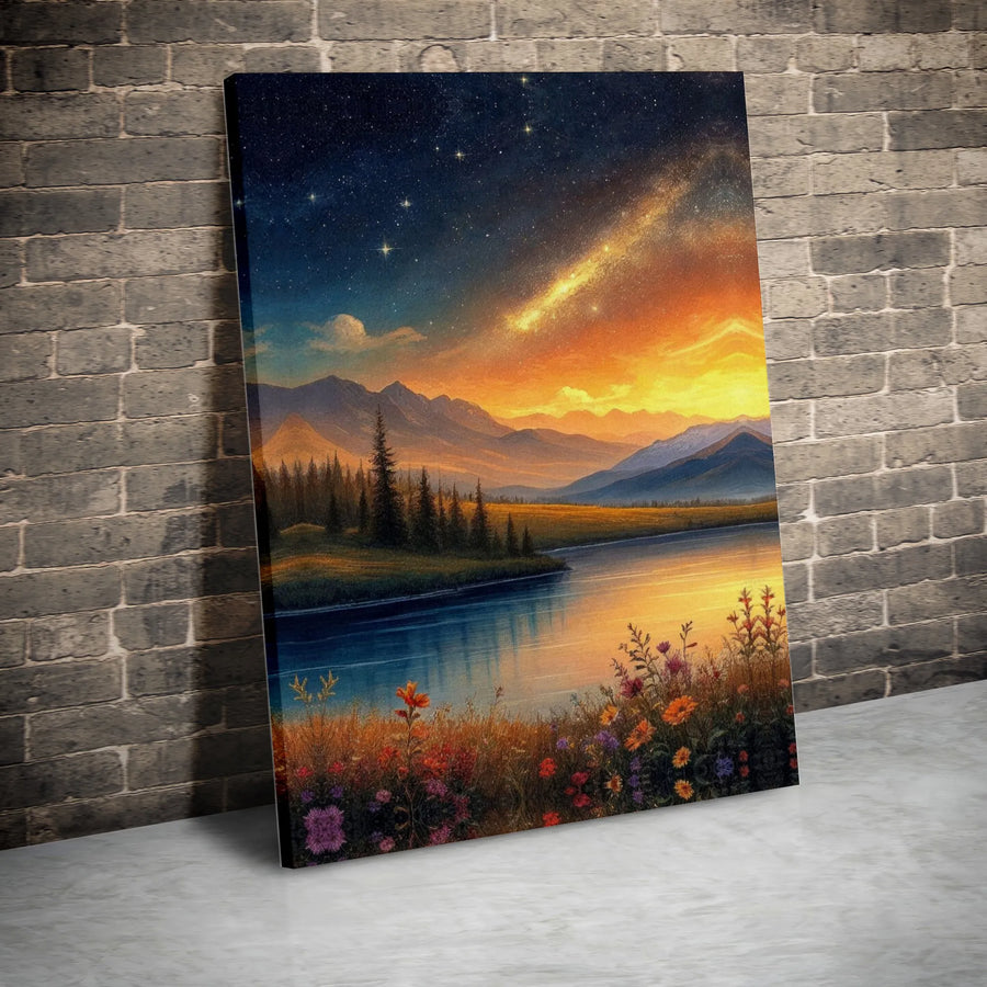 Mountain River Landscape Canvas Art | Starry Sunset Wildflower Meadow Print | Premium Gallery-Wrapped Wall Decor | Nature Lover Gift