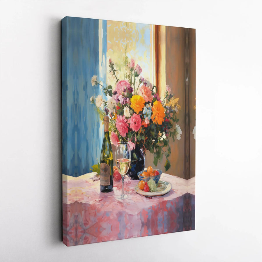 Floral Still Life Canvas Print | Impressionist Wine & Bouquet Wall Art | Premium Gallery Wrapped Decor | Sophisticated Gift for Wine Lovers