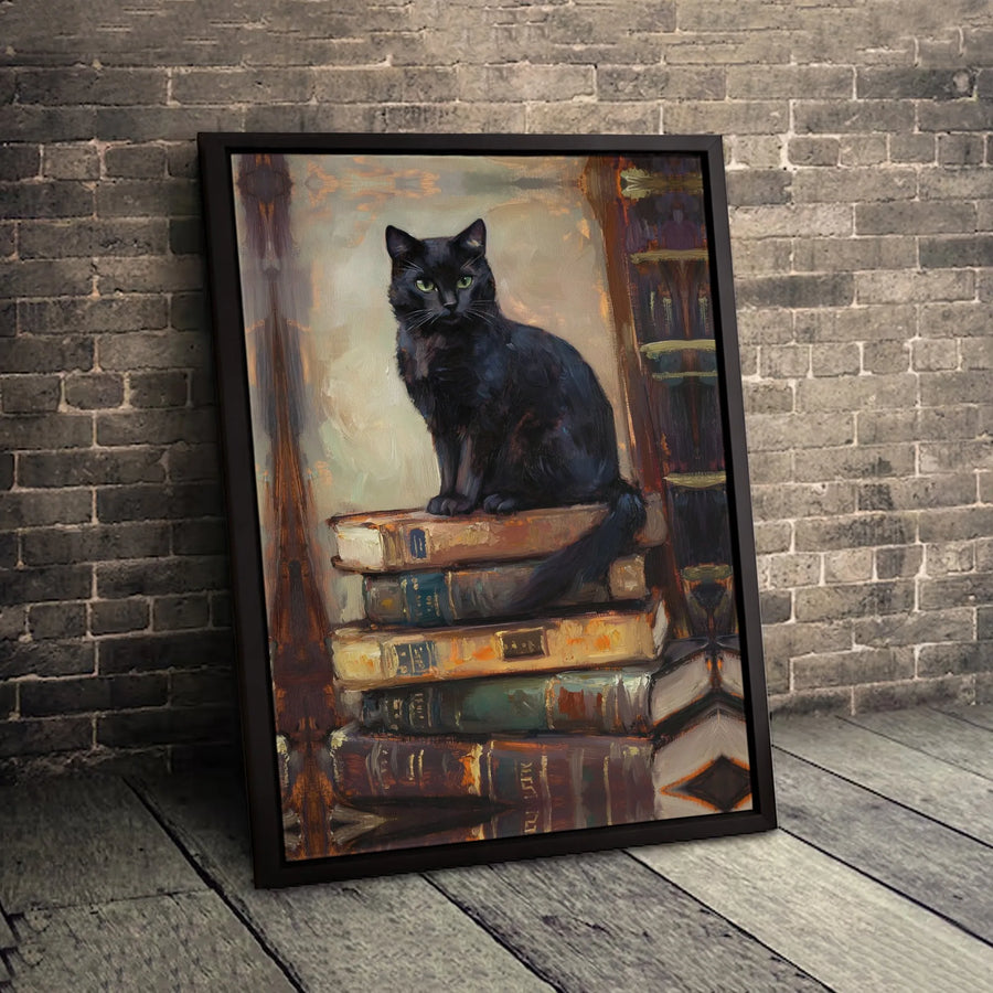 Black Cat on Books Canvas Wall Art | Moody Oil Painting Aesthetic | Gallery Quality Print | Gift for Book Lovers and Cat Owners
