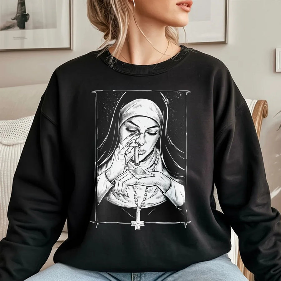 Gothic Nun Sweatshirt | Dark Humor Religious Art | Premium Soft Cotton | Edgy Alternative Streetwear Gift