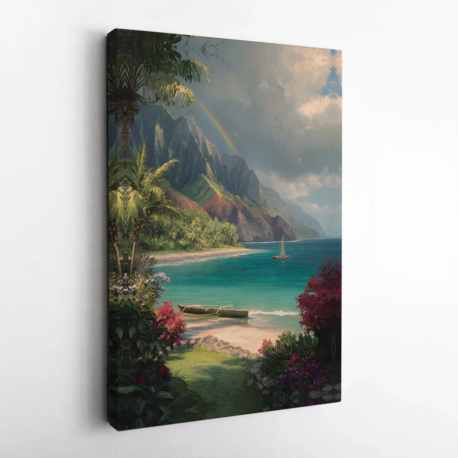 Tropical Hawaiian Coast Canvas Print | Nā Pali Coast Landscape Painting | Premium Gallery Wrapped Canvas | Coastal Living Room Decor Gift