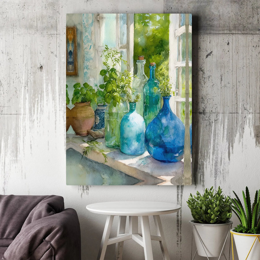 Watercolor Bottles Canvas Print | Sunlit Windowsill Still Life Art | Premium Gallery Wrapped Canvas | Farmhouse Kitchen & Dining Room Decor Gift