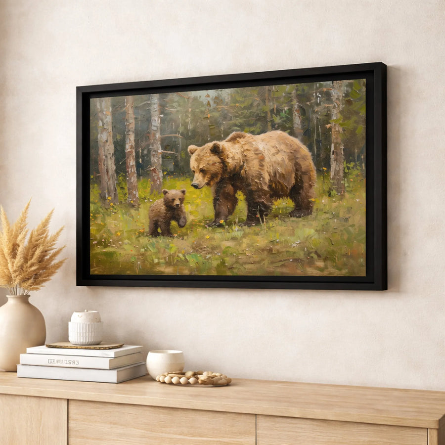 Mother Bear and Cub Wall Art | Forest Wildlife Oil Painting Print | Gallery Quality 1.25” Thick Canvas | Rustic Nature Home Decor Gift