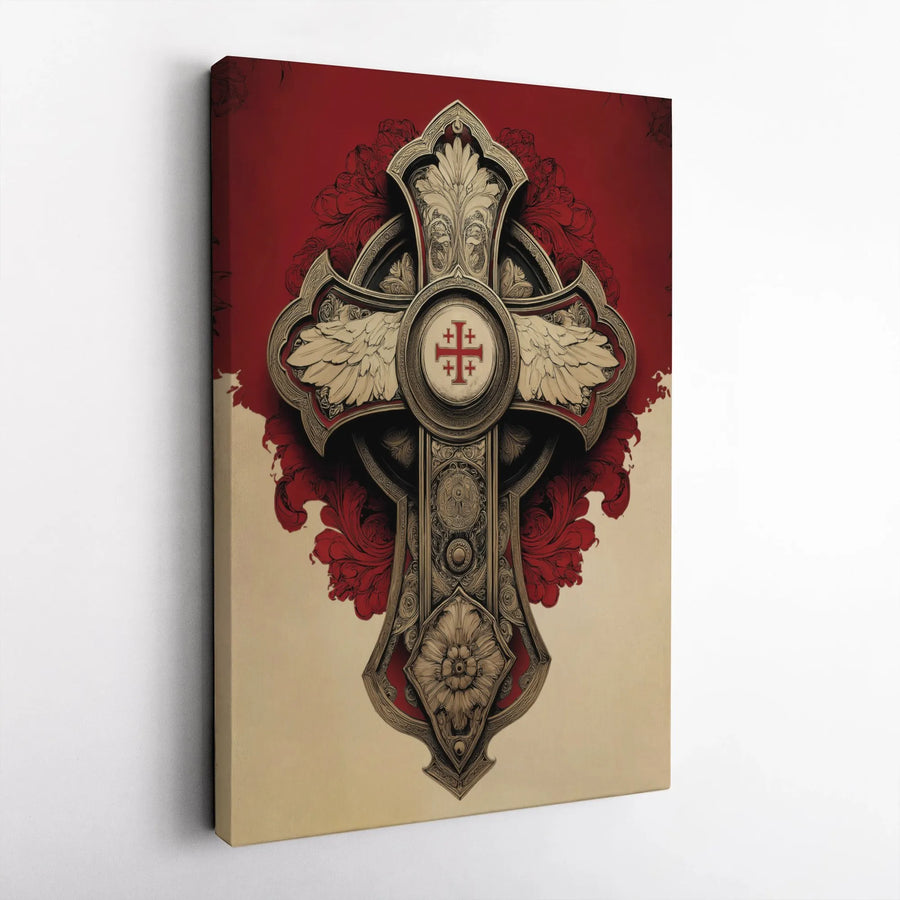 Jerusalem Cross Canvas Print | Ornate Winged Crusader Cross Art | Premium Gallery Wrapped Canvas | Christian Faith Wall Decor Gift